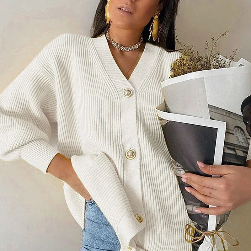 Casual V-Neck Knitted Cardigan Women Autumn Winter Lantern Sleeve Button Female Cardigan Fashion Ladies Oversize Sweater White