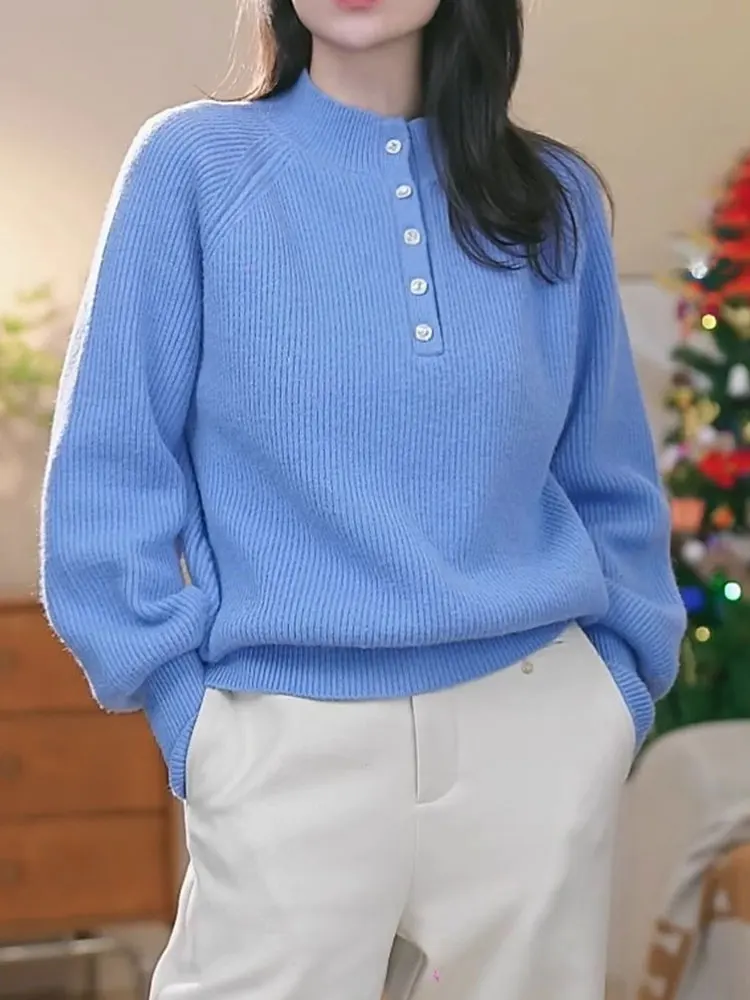

Casual Long Sve Women's Knitted Sweater Color Overhead f Button Design Faionable Autumn Winter Top