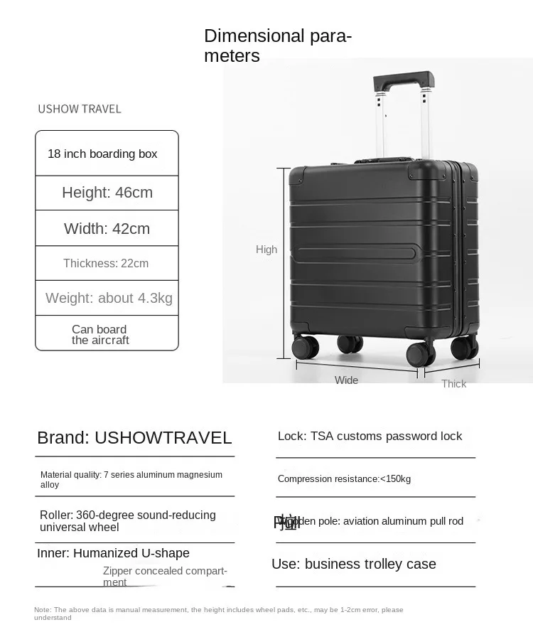 18 Inch All Aluminum Carrier Men Luxury Business Trip Suitcase with Code Lock Mini Luggage Carry-Ons Women Metal Trolley Case