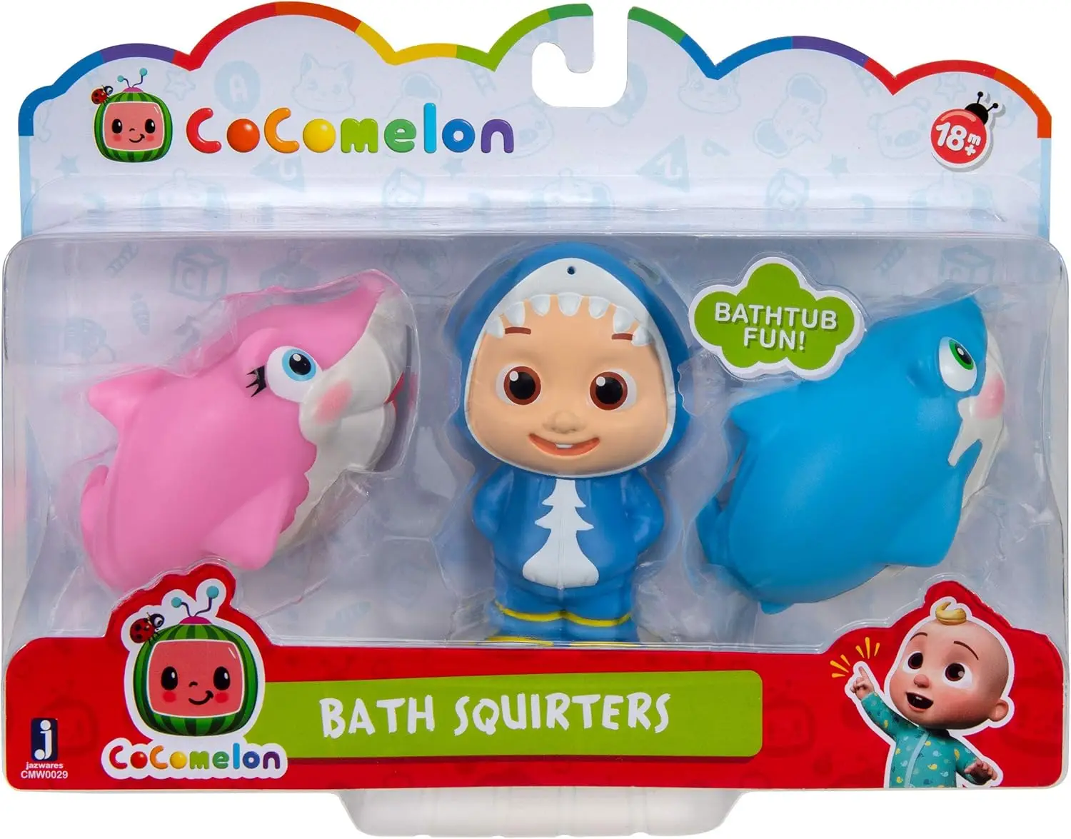 CoComelon Bath Squirters, con juguete de personajes JJ y 2 tiburones, juego divertido para el baño para bebés, niños pequeños y niños