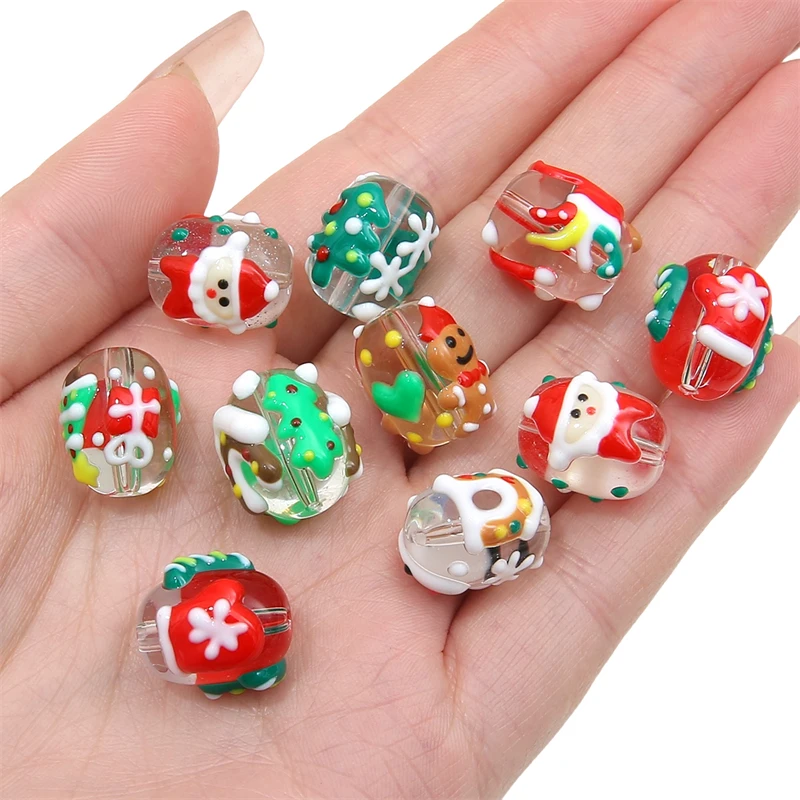 1pc 14x16mm Christmas Lampwork Beads Hand Painting Snowman Santa Claus Pattern Spacer Loose Beads Diy Jewelry Making Accessories