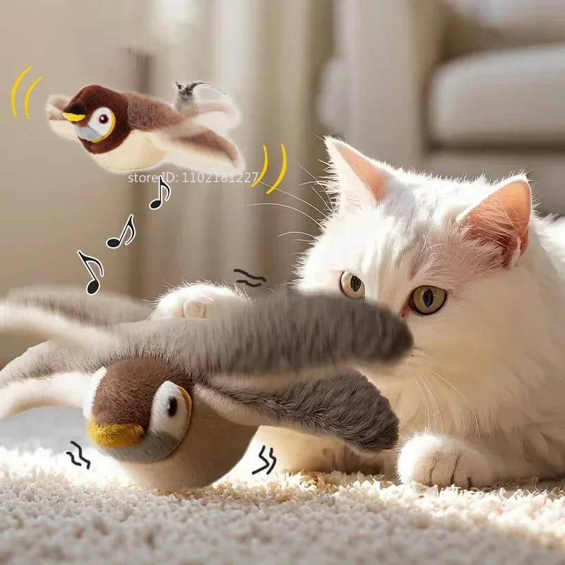 Smart Interactive Cat Toys USB Rechargeable Chirping Flapping Bird with Catnip Indoor Cats Touch Activated Squeak Pet Plush Toy