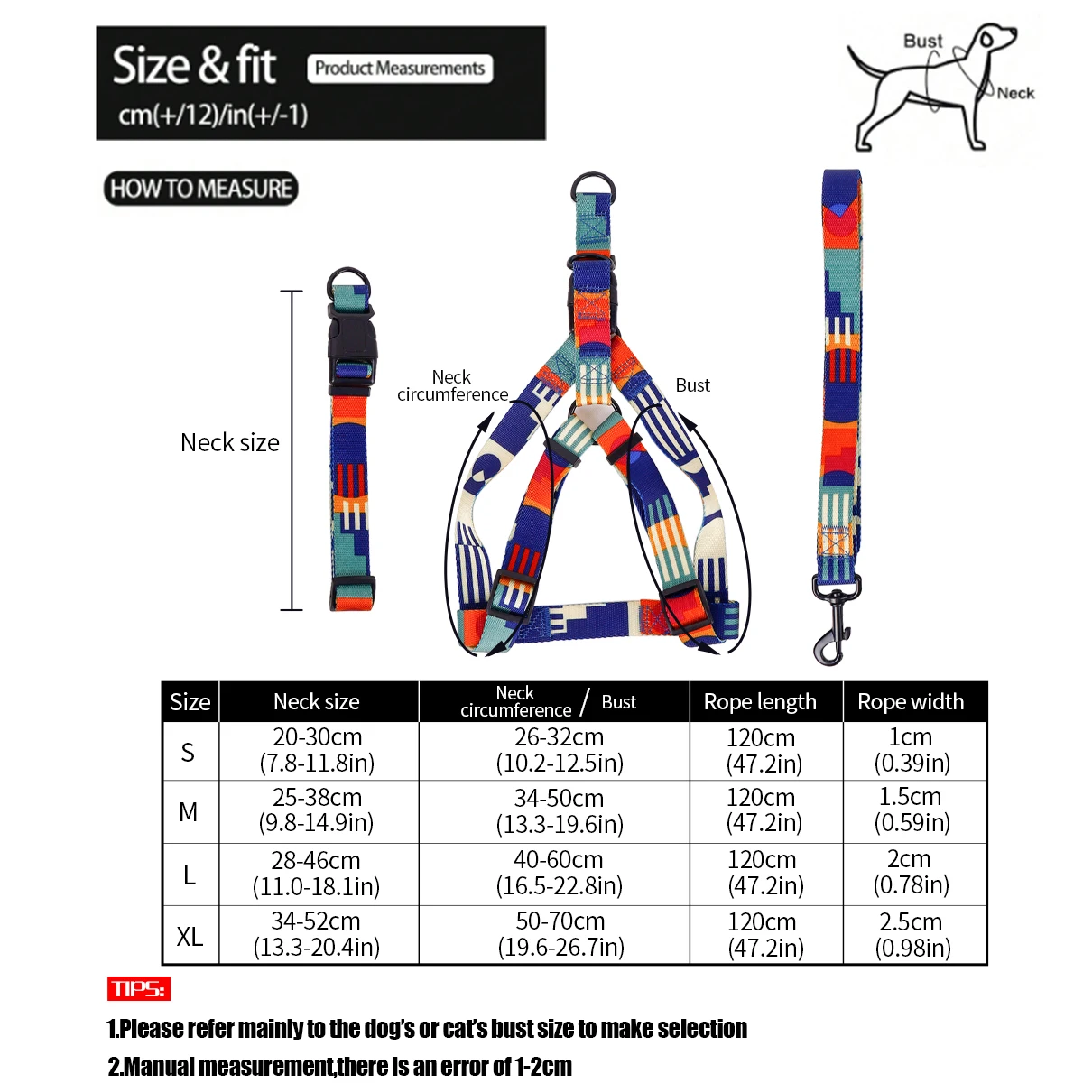 1PC abstract chest and harness three-piece set of geometric pattern multi-color splicing pet chest and harness collar with