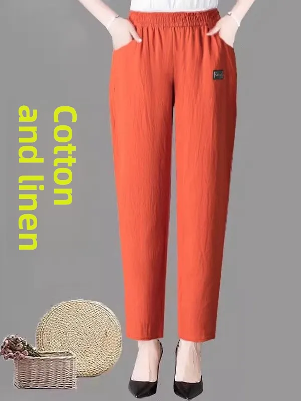 ฤดูร้อนใหม่ผ้าฝ้ายลินินผู้หญิงสบายๆกางเกงหลวมยืดหยุ่นเอวบาง Harem กางเกงเกาหลี Sle เอวสูงเก้าจุดกางเกง