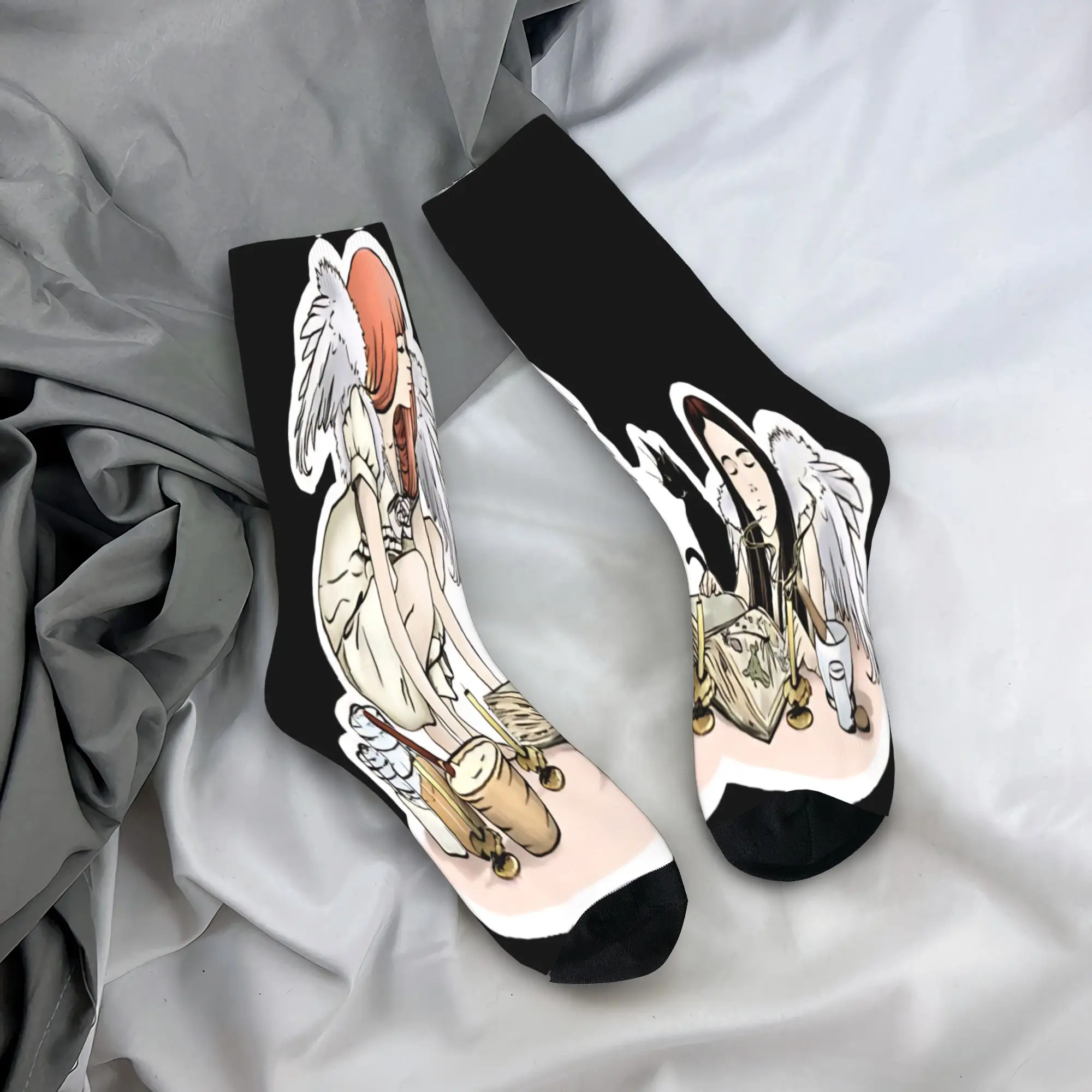 Practical Magic Witchcraft Spellbook Black Cat Angel Wings Printing Dress Socks Merch for Daily Wear Cozy  Dress Socks
