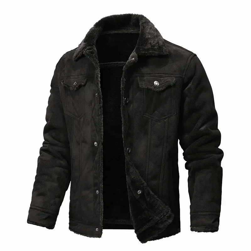 Winter Men\'s Suede Leather Coat High Quality Thick Fleece Warm Leather Jacket Fashion Turn Down Collar Male Loose Casual Coats