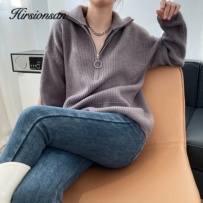 Hirsionsan Zipper Turn-down Collar Autumn Sweaters Women Cashmere Soft Loose Solid Female Knited Pullovers 2023new Thick Jumper