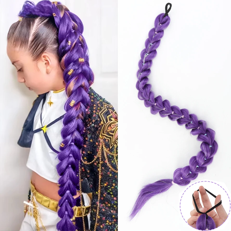 32 inch gevlochten paarse synthetische paardenstaart met tinsel haar pruik super extensions glanzend tinsel haar voor kinderen kerst cosplay haar