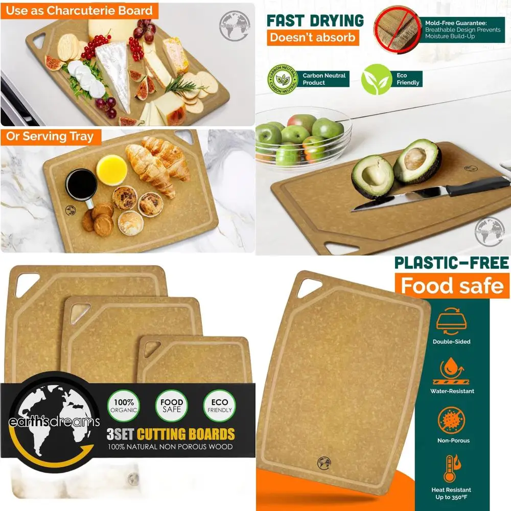 

3-Piece Earth's Dreams Wood Cutting Board Set: Charcuterie Boards, Non-Plastic, Non-Toxic, Heavy Duty, Dishwasher Safe (Tan/Juic