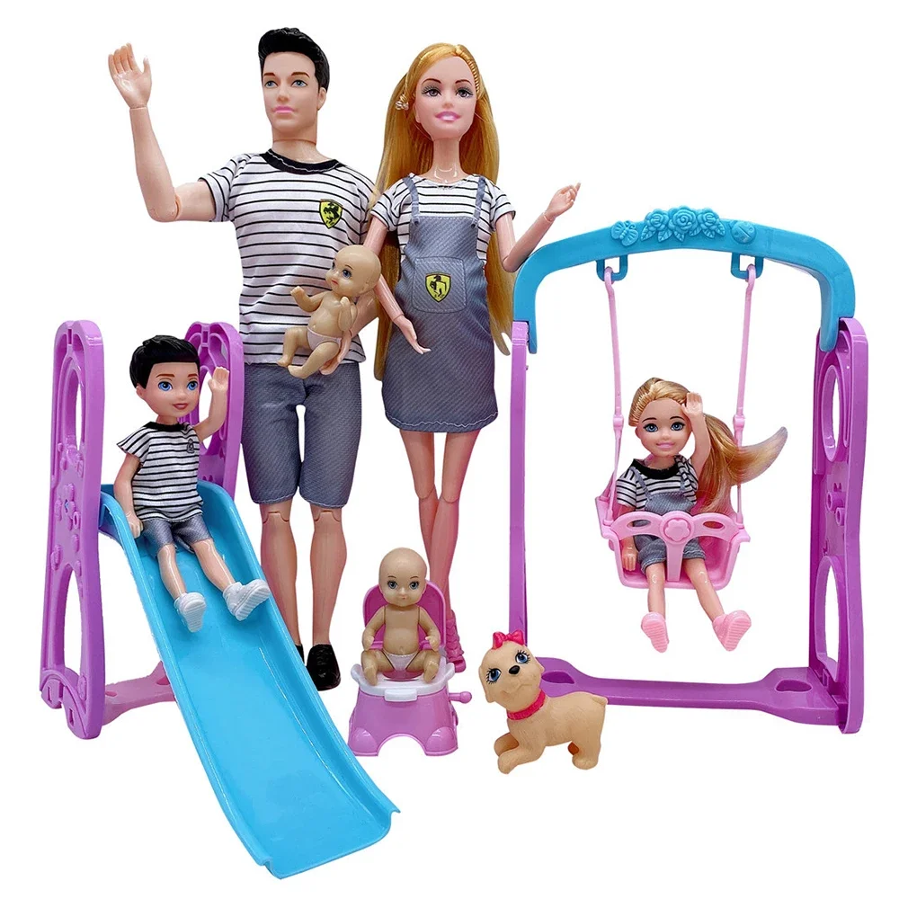 5Pcs/Lot Family Couple Dolls Pregnant Mom Doll Stroller Bed Accessories Baby Boy Ken Playset Kids Pretand Play Toys Girls Gifts