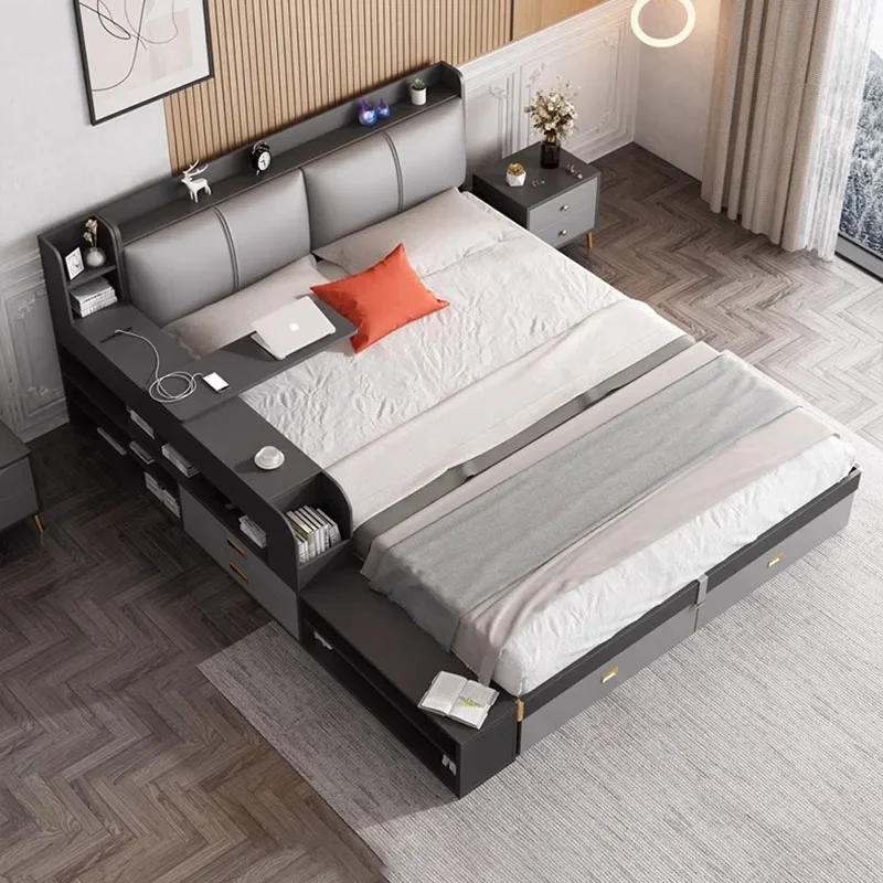 Upholstery Villa Double Bed Designer Glamorous Modern King Size Bed Frame Storage Safe Sleeping Cama Box Casal Furnitures