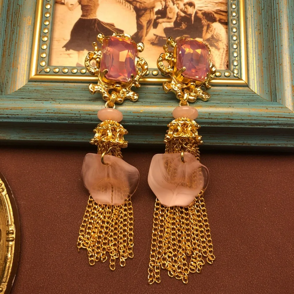 

French Retro Style Pink Petal Tassel Sweet Temperament Earrings Long Sweeping Shoulder Gem Stone Statement Earrings for Women