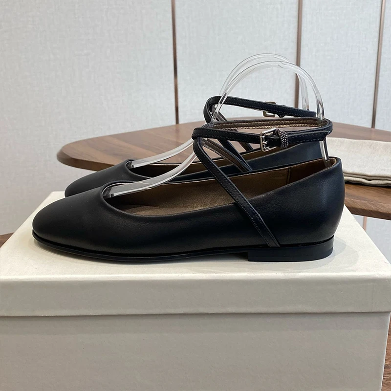 Women's Cross Design Soft Sole Ballet Shoes Round Toe Genuine Leather Mary Jane Shoes  Spring Autumn Flat Bottom Single Shoes