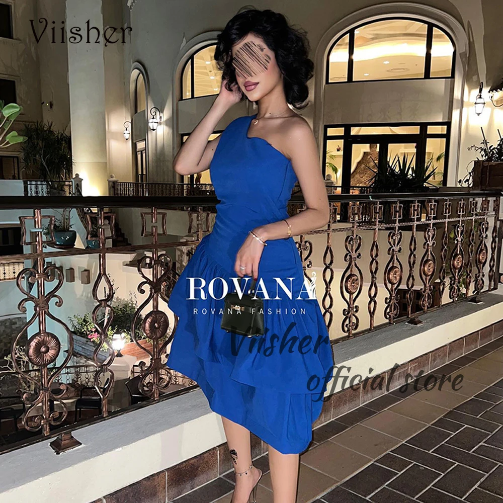 Blue Mermaid Prom Dresses One Shoulder Pleats Satin Arabian Dubai Formal Party Dress Tea Length Occasion Event Gowns