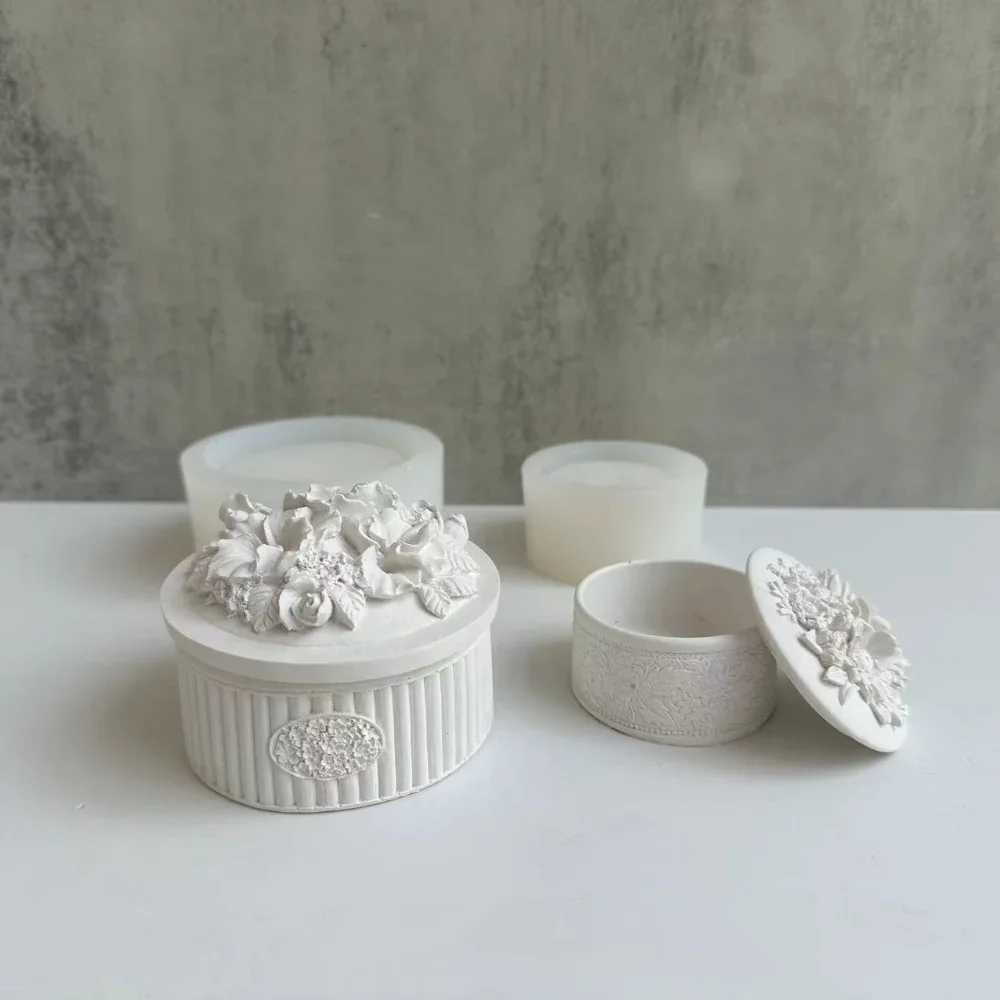 Aroma Candle Jar with Cover Silicone Mold DIY Handmade Cement Plaster Concrete Candle Cup Jewelry Storage Box Clay Molds