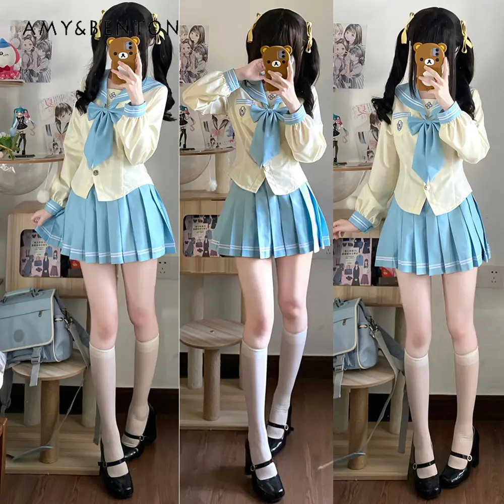 

Original Japanese Preppy Style Cute Sailor Suit Jk Uniform Set Navy Collar Bow Long-sleeved Shirt Pleated Skirt Two-piece Set