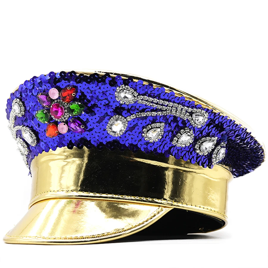 

Women Gold Sequin Burning Bride Military Hat Luxury Bridal Captain Sergeant Hat Octagonal Rhinestone Festival Birthday Part Hat