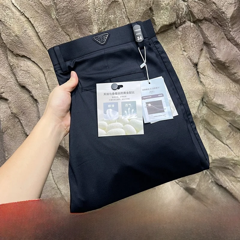 

Busin Casual Silk Blend Summer Thin Breathable Men's Pants Drapey Comfortable Straight Leg Long Trousers for Daily Wear