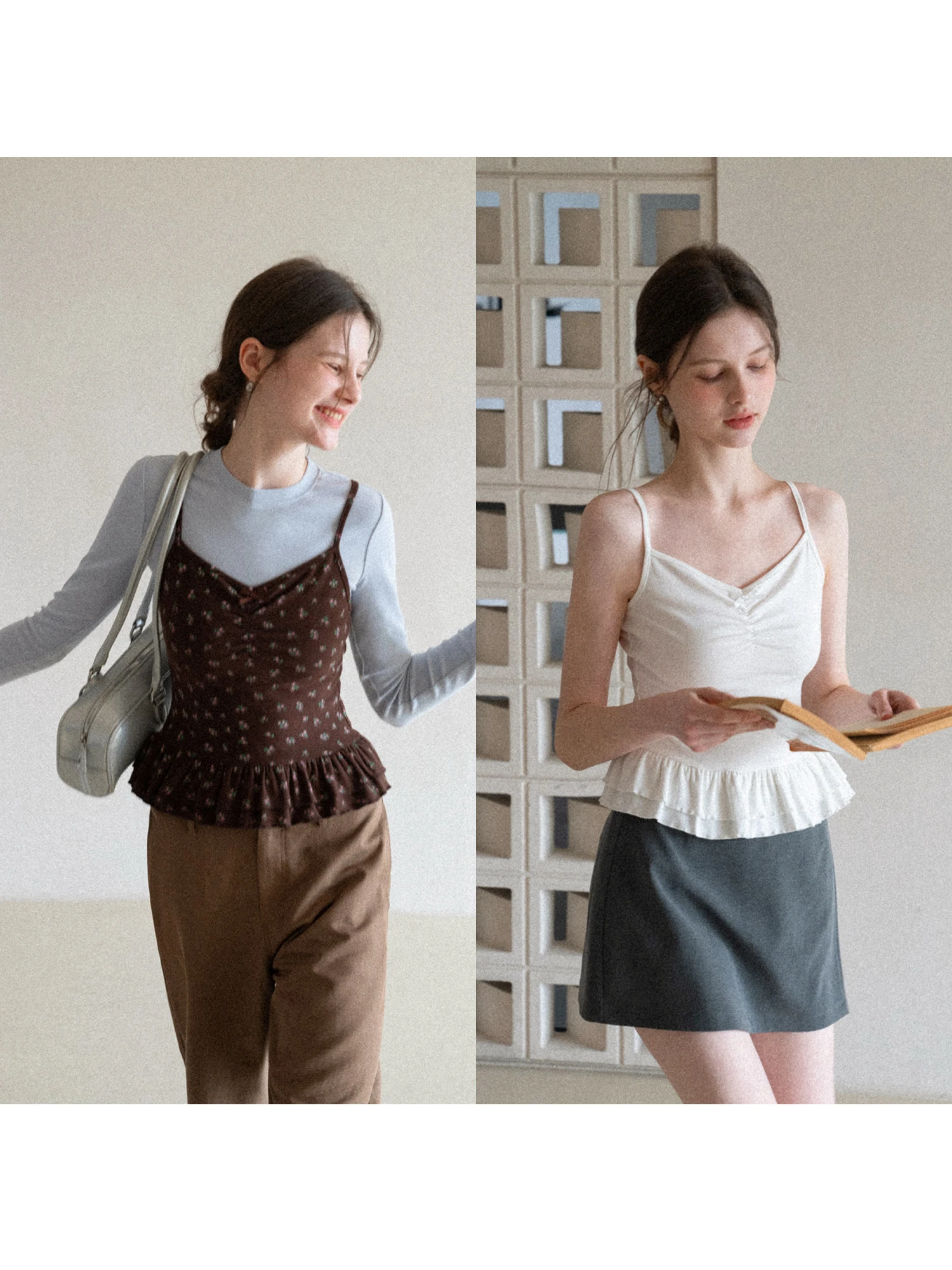EGGKA Women's Slim Fit Short Vest Top Spring Casual Style Floral Print Bell Sleeve Inner Wear Tank Top V Neck Casual Fashion