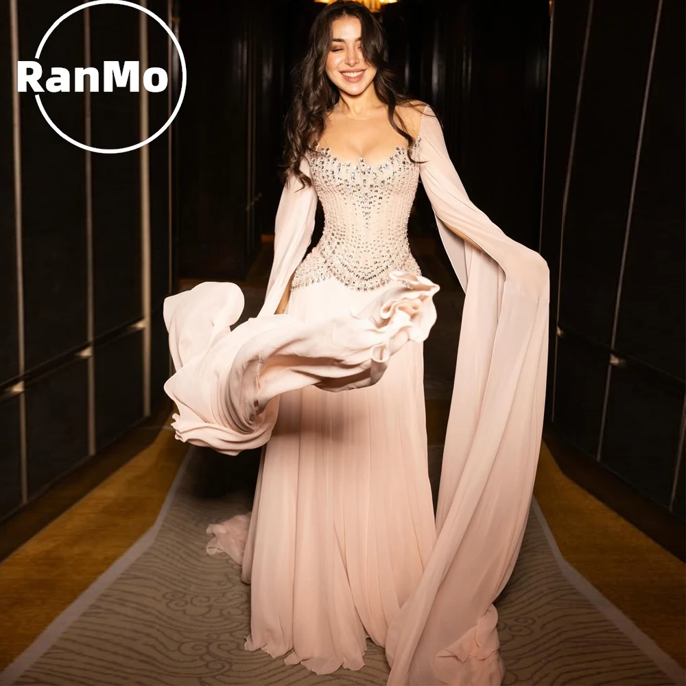 

Вечернее платье Ranmo с длинными рукавами-накидками, роскошное, плиссированное, расшитое бисером, блестящее, модель 2026A, А-силуэт, для выпускного вечера, бальное платье, на заказ