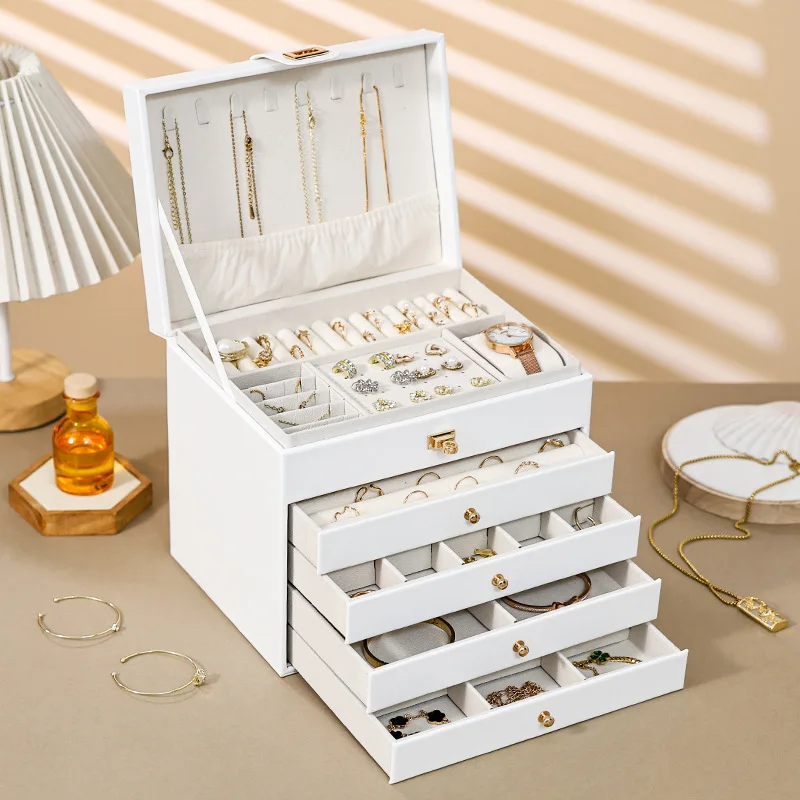PU Leather Jewelry Box Minimalist Multi Layer Storage Boxes Necklace Bracelet Earrings Display Case Large Capacity With Lock Box