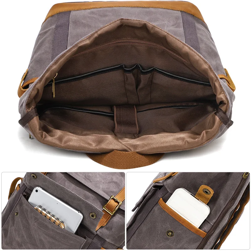 Waterproof Waxed Canvas Leather Mens Camping Backpack Travel Roll Top Rucksack 16 inch Laptop Bag Vintage Students School Bags