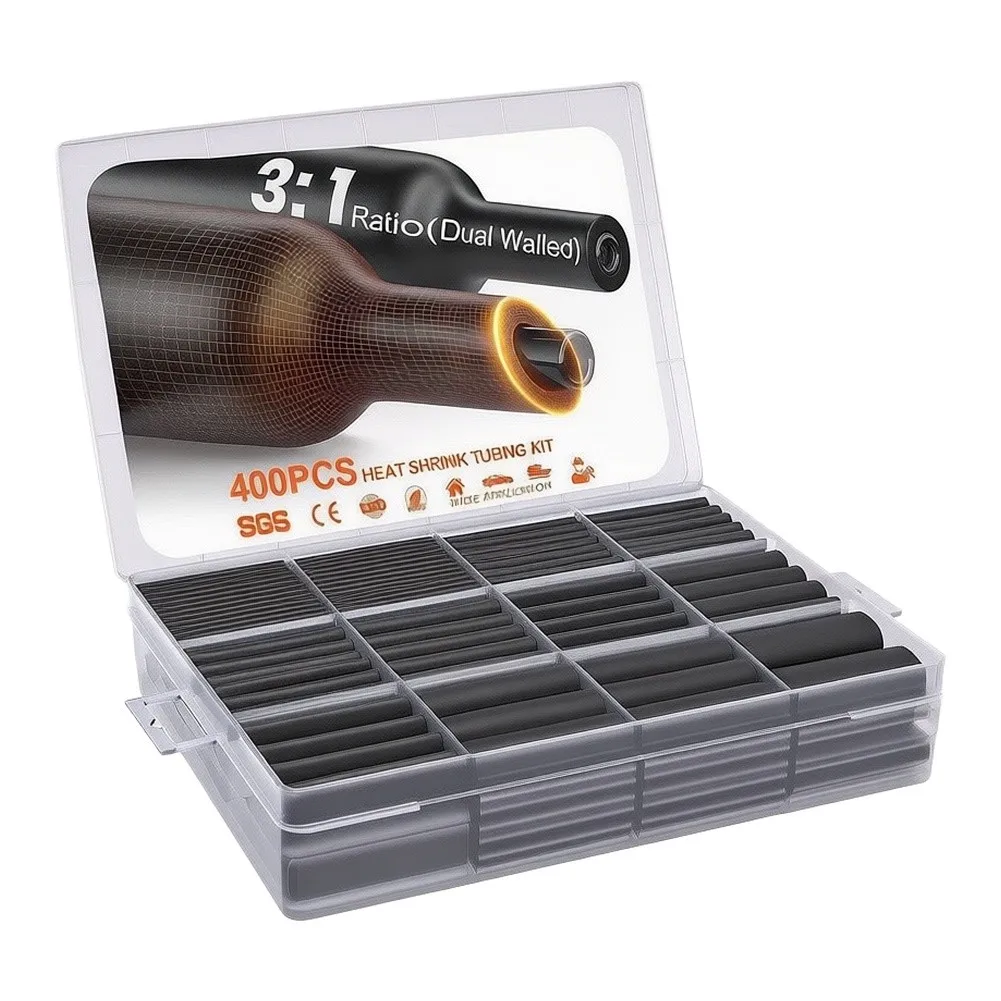 Industrial Strength Heat Shrink Tubing Kit Made of Flame Retardant Polyolefin with 3:1 Shrink Ratio and Waterproof Inner Seal