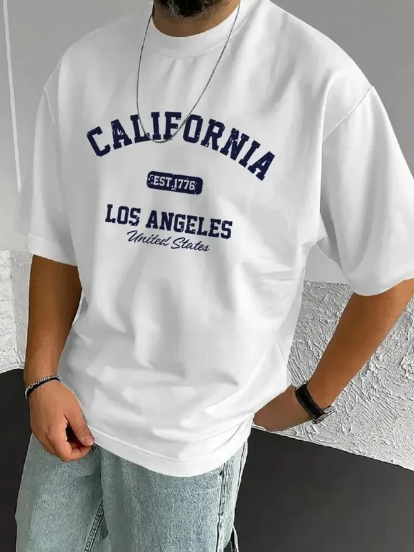 Camiseta Gráfica Vintage de Los Ángeles, California, para Hombre, Cuello Redondo de Algodón, Estilo Urbano Holgado Blanco, Camiseta Informal para Uso Diario en Todas las Temporadas