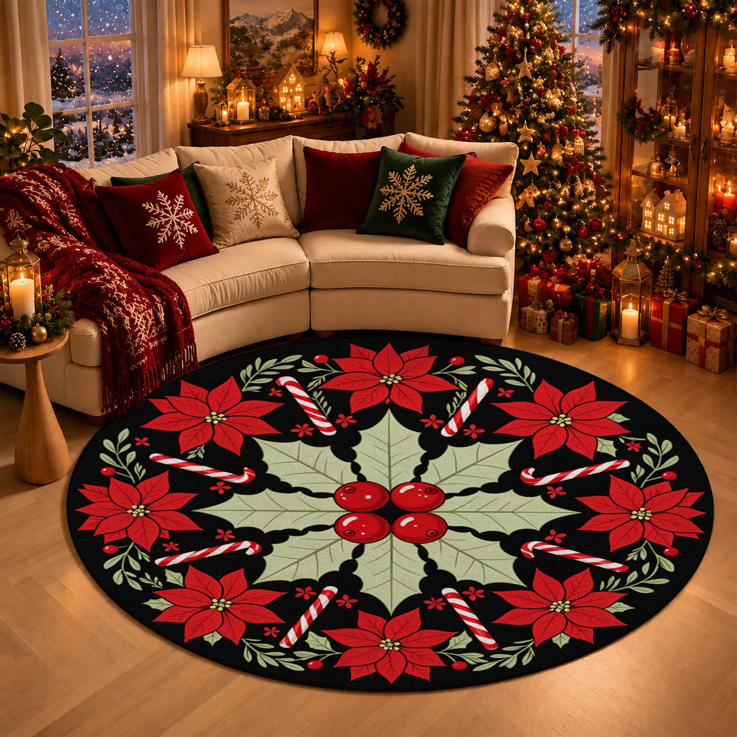Christmas Poinsettia Holly Candy Cane Round Velvet Mat Machine Washable for Dining Table Home Kitchen Party Halloween Thanksgiving Black Friday Cyber Monday Christmas New Year
