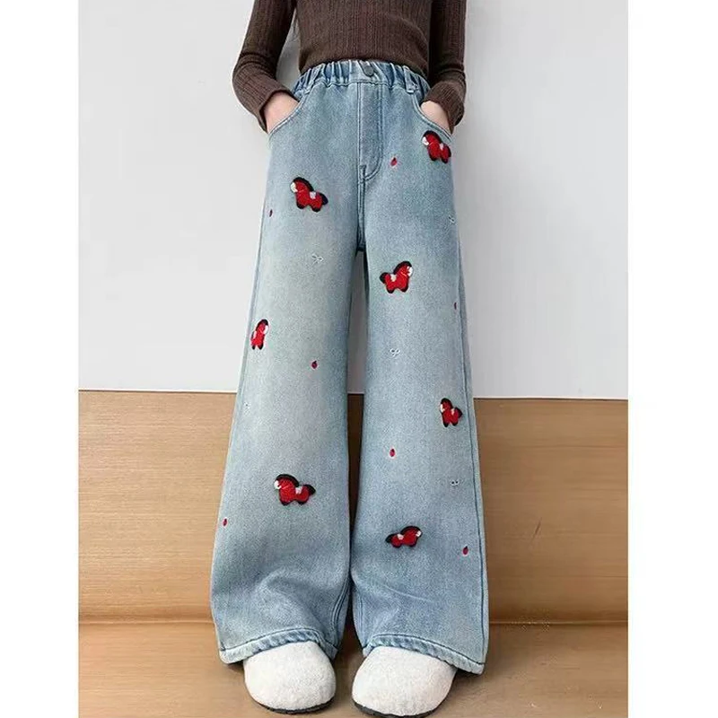 Spring Autumn New Girls Denim Pants Cartoon Pony Embroidery Wide Leg Jeans For 5 6 8 10 12 14 Years Teen Girls Stylish Trousers