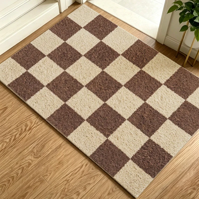 Retro Brown Beige Checkerboard PVC Loop Doormat Cuttable Non‑Slip Dirt‑Resistant Entrance Foot Mat Home Hallway Floor Decor