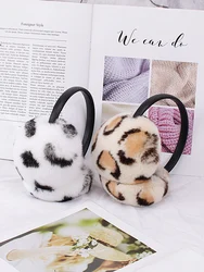 Orejeras de piel de conejo Rex Real con estampado de leopardo, banda de terciopelo, Bola de piel y orejeras de moda para mujer, diadema peluda de invierno