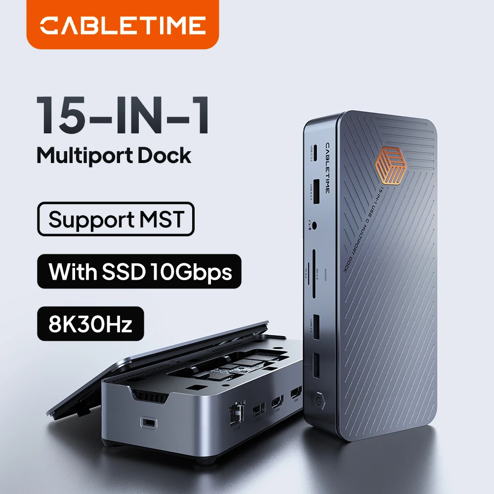 CABLETIME 1000Mbps PD100W 10Gbps 15 in 1 USB C Docking Station Type C Multi HUB HDMI M.2 SSD RJ45 SD/TF Card for Macbook Laptop