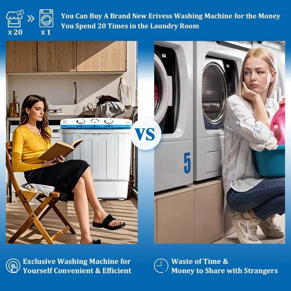 غسالة صغيرة الحجم بحوض مزدوج سعة 18 رطلًا مع رف تجفيف، وغسالة صغيرة الحجم بوزن 11 رطلًا ودوارًا سعة 7 رطل، وتحويل #2