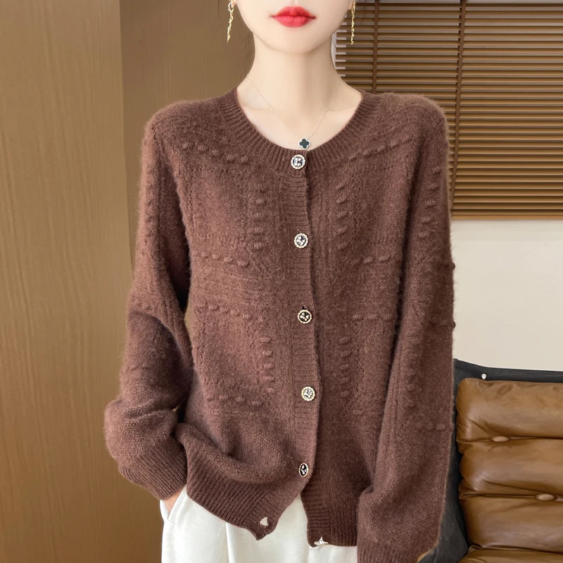 Women\'s Cardigan Autumn/Winter 100% Pure Wool Sweater Casual Knitted Sweater Round Neck Loose Tops All-match Button Blouse