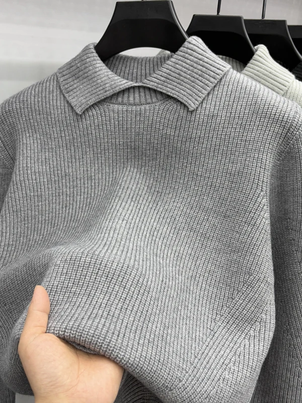 

Повседневный вязаный свитер с эффектом двухслойности для мужчин, весна-осень, с отложным воротником, универсальный базовый слой, комфортный, мягкий, из полиэстера