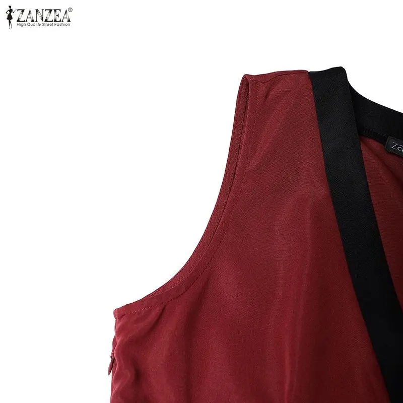 ZANZEA Elegantes ärmelloses Partykleid mit V-Ausschnitt für Damen, Sommer-Patchwork-Sommerkleid, stilvolles, tailliertes A-Linien-Kleid, Urlaubs-Midi-Robe – Detail 16