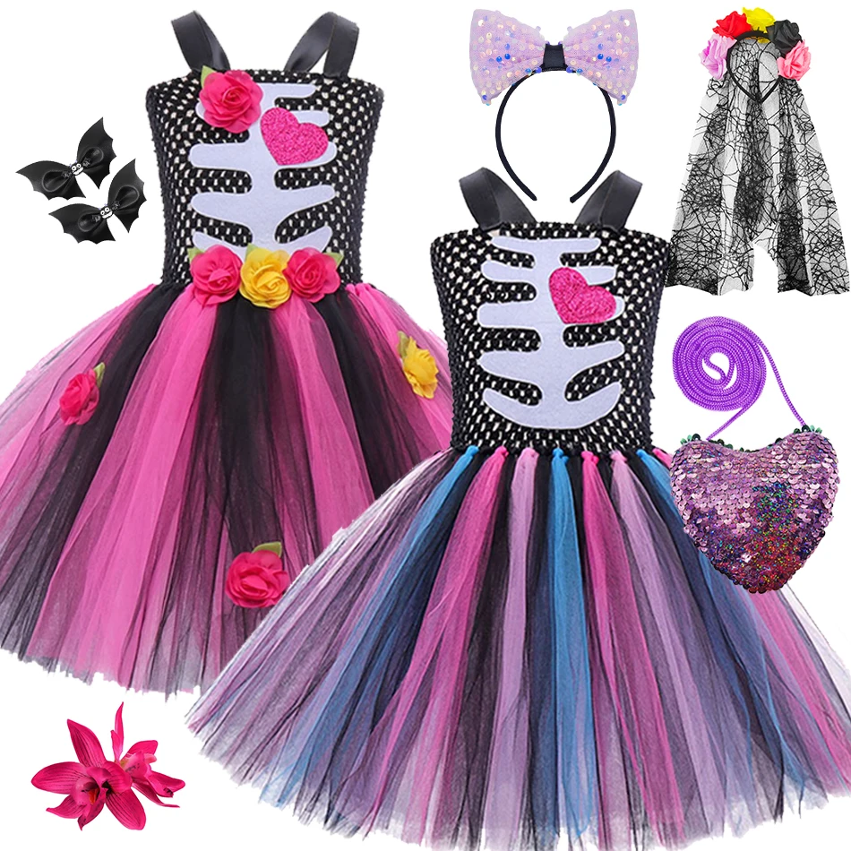 Halloween Kids Dress Cosplay Heart Print Skeleton Costumes Girls Floral Skull Tutu Clothes Children Carnival Performance Outfits
