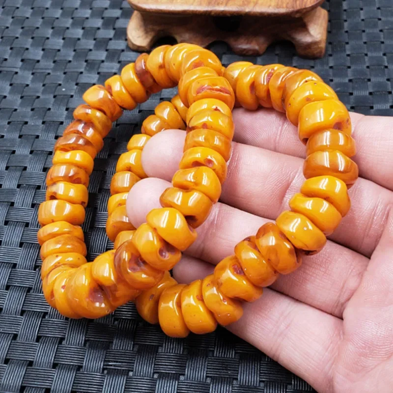 

Chicken Oil Yellow Old Beeswax Amber Bracelet Rough Wheel Beads Count As Plate String Bracelet