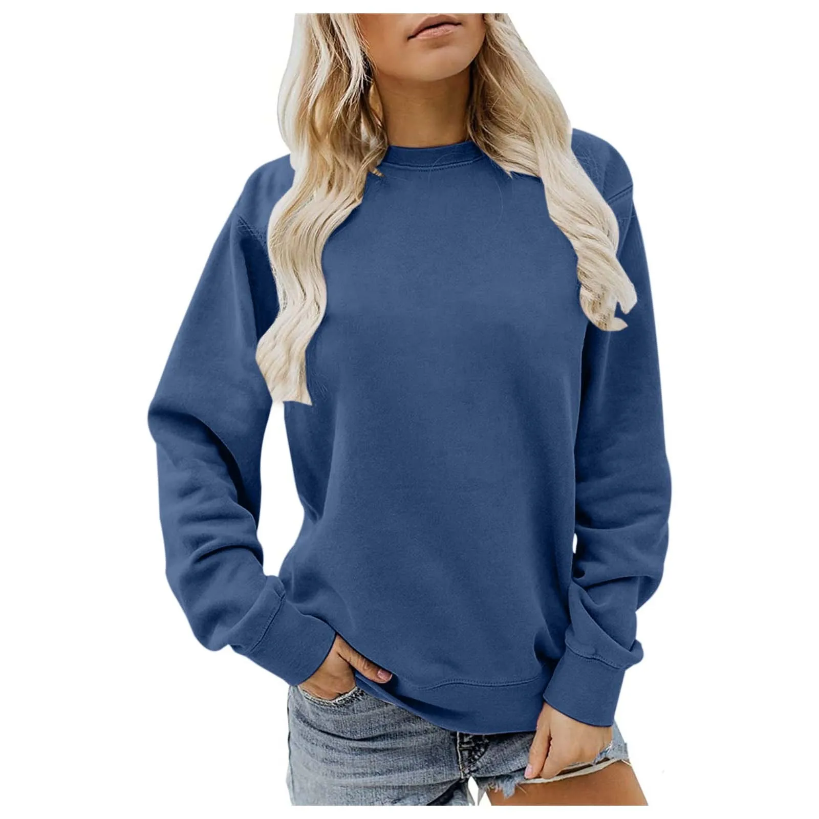 Women'S Solid Color Simple Pullover Crewneck Long Sleeve Long Hoodie Casual Sweatshirt Autumn Winter Classic All Fashion Hoodie