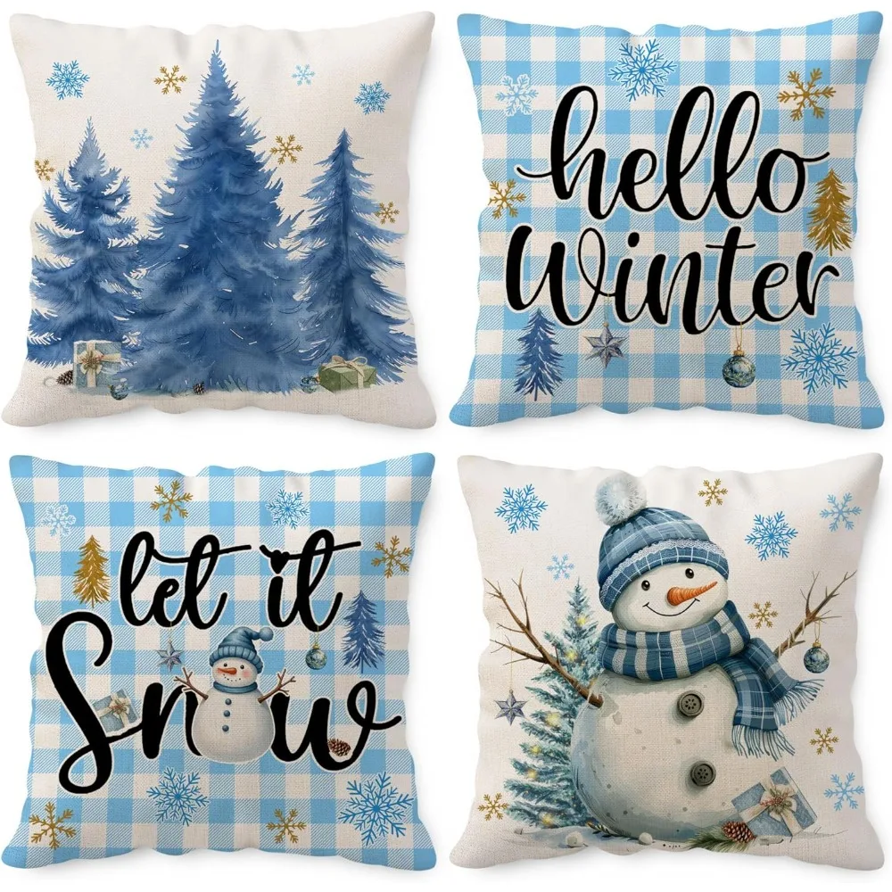 

18x18 inch pillowcase, Hello Winter Blue Pillowcase, Snowman Home Decor Square Cushion Cover