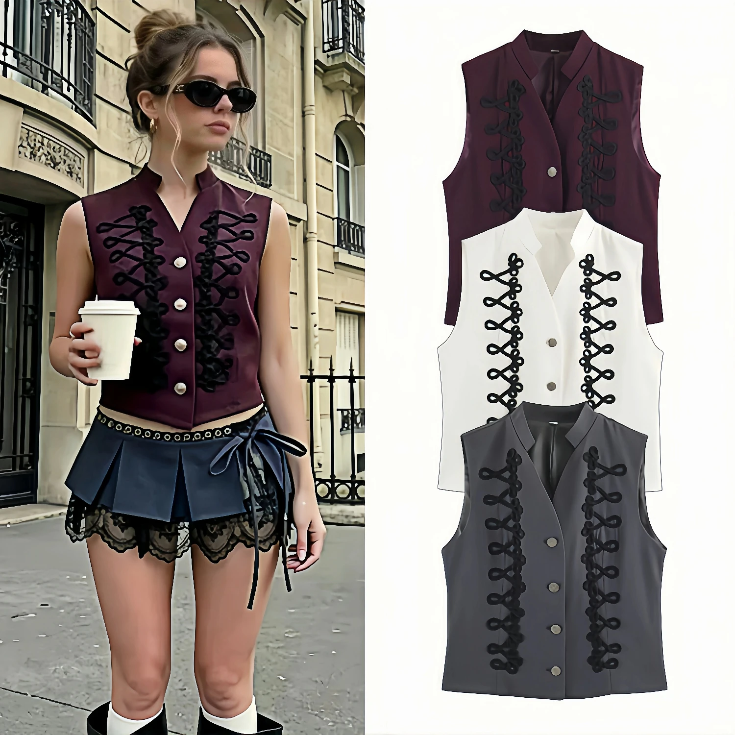 Chic Embroidered Floral Vest 2026 Summer Rope Knot Sleeveless Waistcoat for Women Casual Layered Outwear Vest