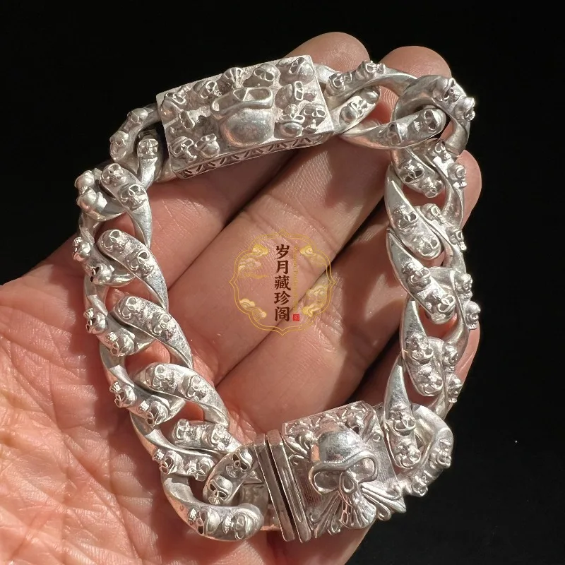 2026 New S925 Chinese Vintage Tibetan Silver Skull Bracelet, Hip-Hop Personality Jewelry, Trendy Gift for Men Women