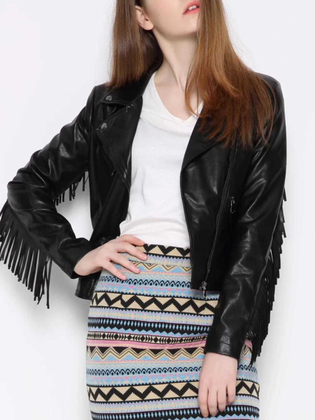 Metallic Bla PU Leather ort Jaet with Fringe Zipper Slim Fit Long Sve Autumn New Arrival Women's Faion Outerwear