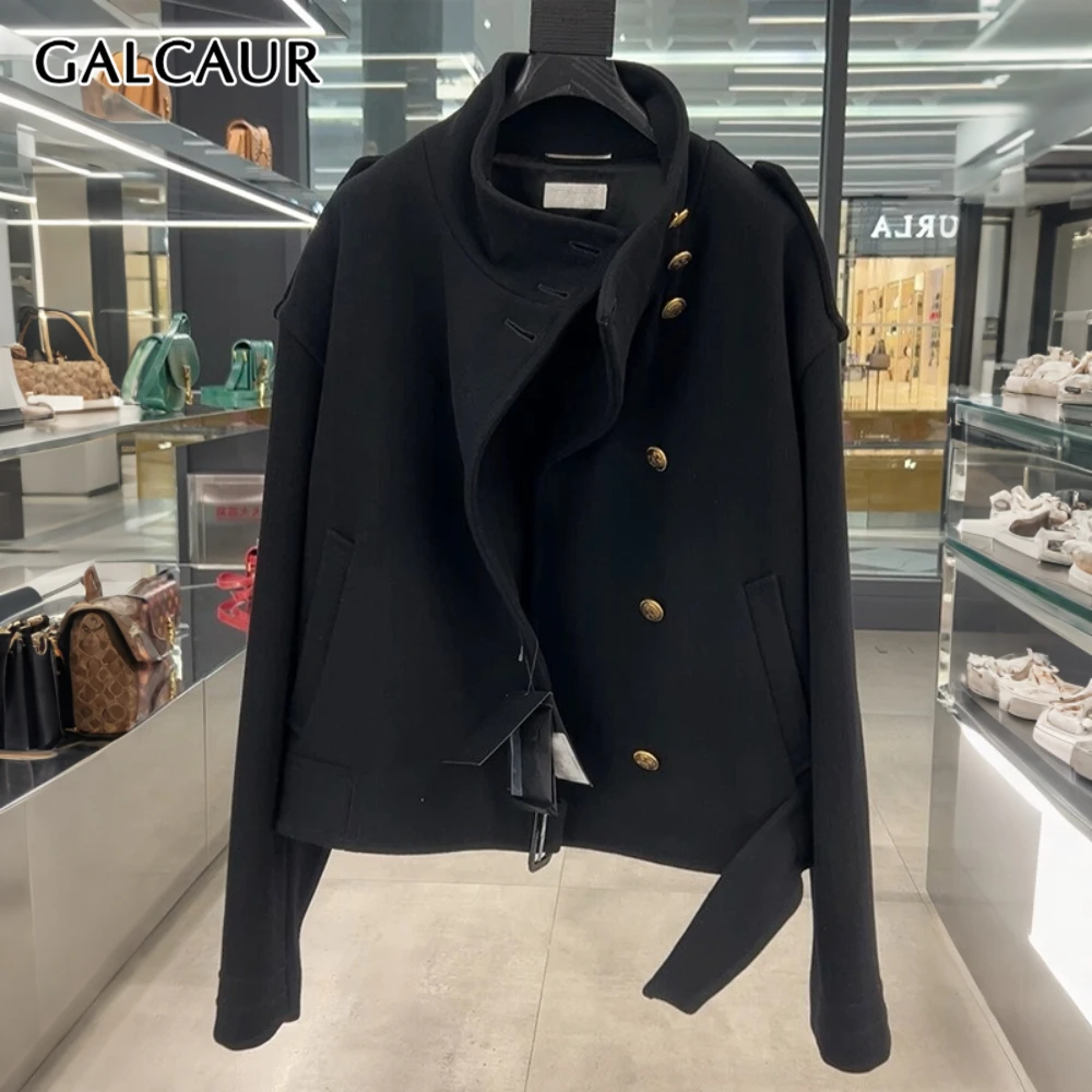 

GALCAUR Black Spliced Buttons Jacket Female Stand Collar Long Sleeve Loose French Commute Women's Jackets Autumn Style Fashion