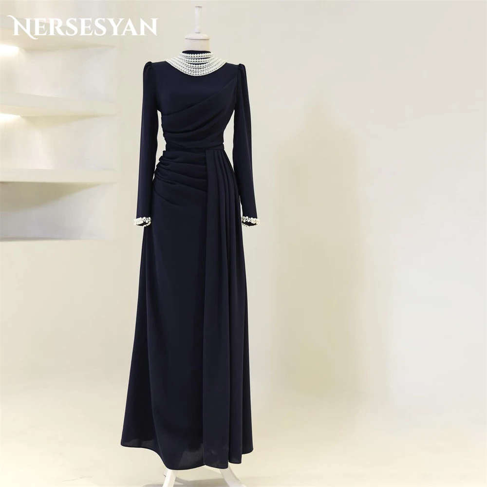 

Nersesyan Solid Muslim Mermaid Formal Evening Dresses Pearls Long Sleeves Pleats Prom Dress Occasional Celebrity Party Gowns