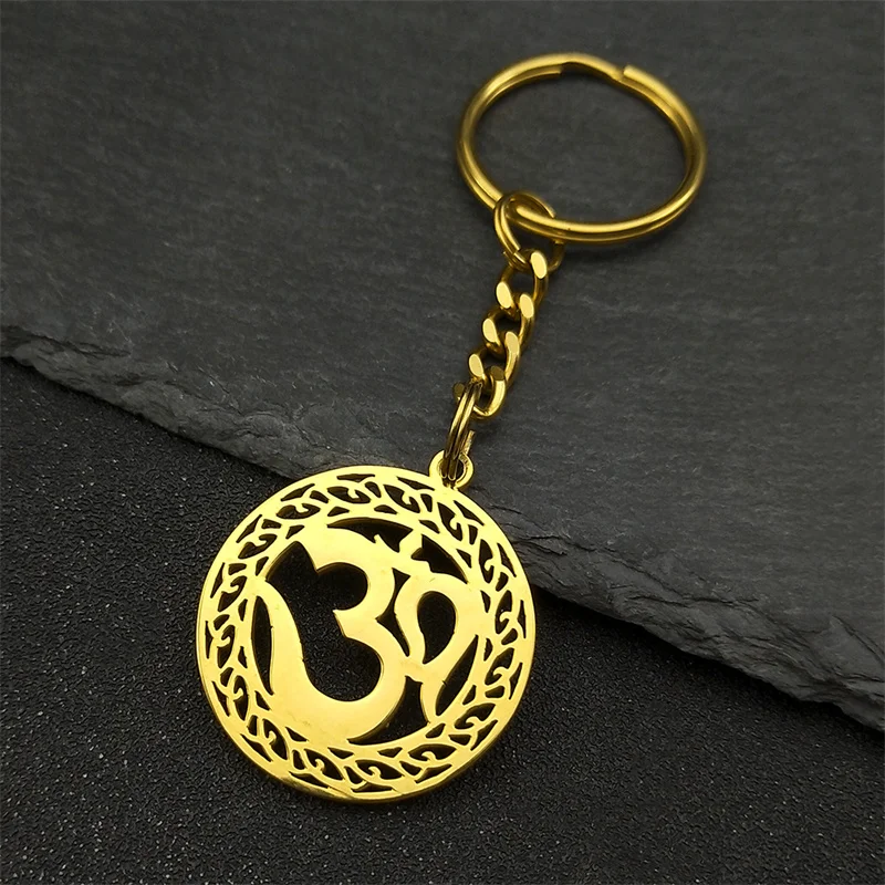 OHM Hindu Buddhist AUM OM Pendant Keychain For Women Men Stainless Steel Gold Silver Color Yoga Hollow Keyring Jewelry Amulet