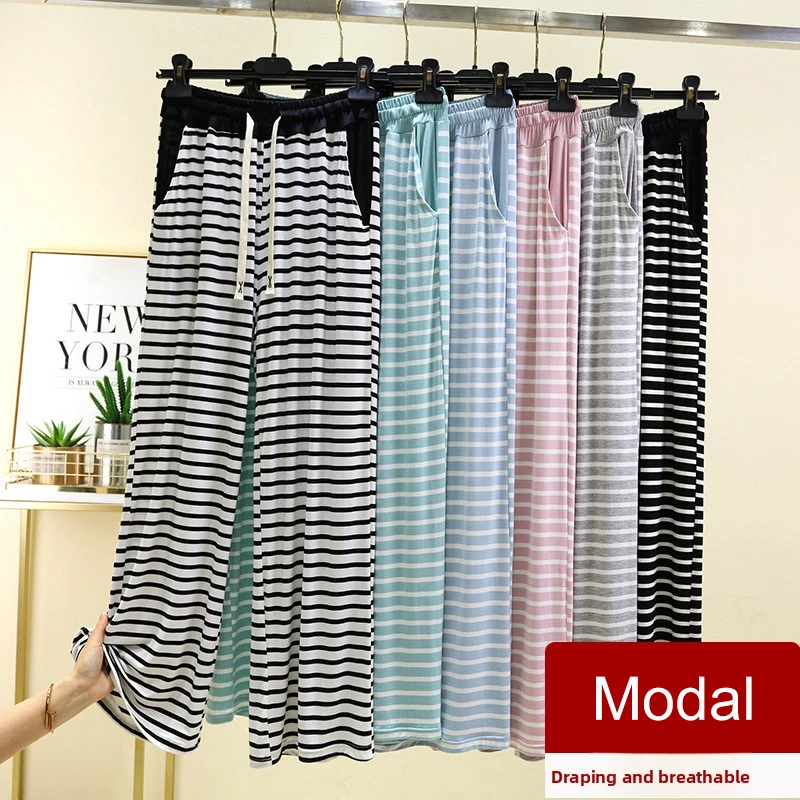 Celana Kasual Modal Besar untuk Wanita, Celana Lurus Bergaris Tipis, Celana Lebar, Celana Santai Longgar dengan Kantong, Celana Piyama Rumahan