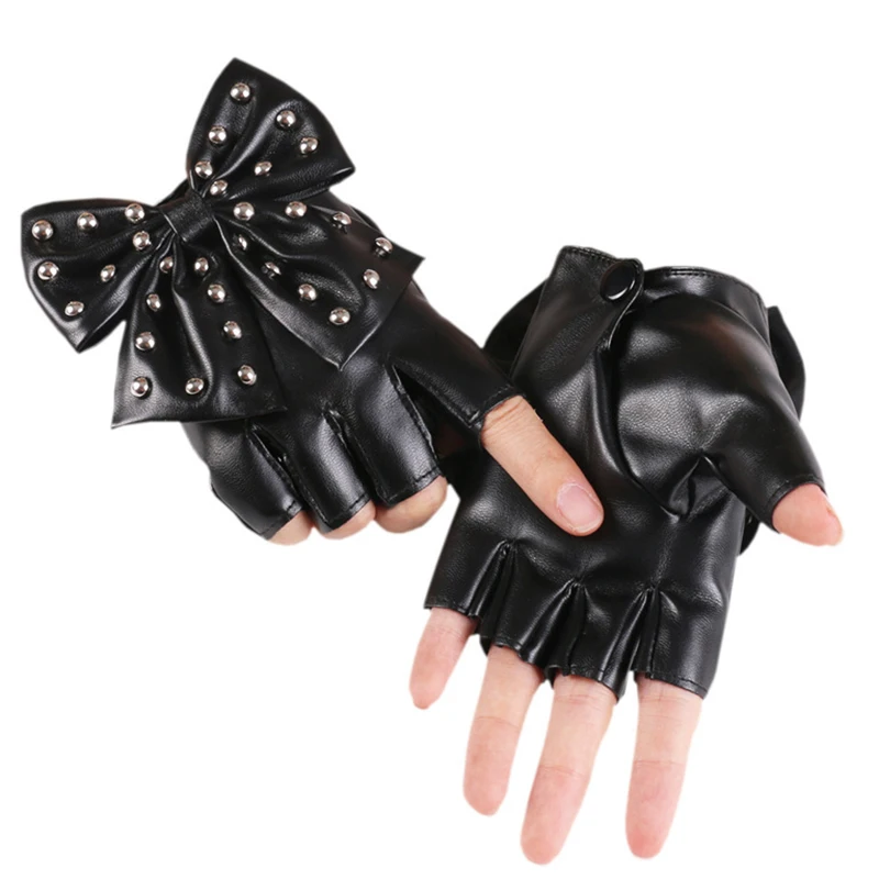 Women Bow Rivet Gloves Fingerless PU Leather Punk Studded Cosplay Gothic Hip Hop Street Dance Night Club Bar Party Concert Glove