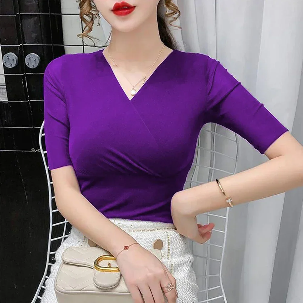 

Women Black Red Purple White Shirt Slim Stretch Short Sleeve V-Neck Top Ladies Sexy Elastic Tees S-3XL Office Lady Basic T-shirt
